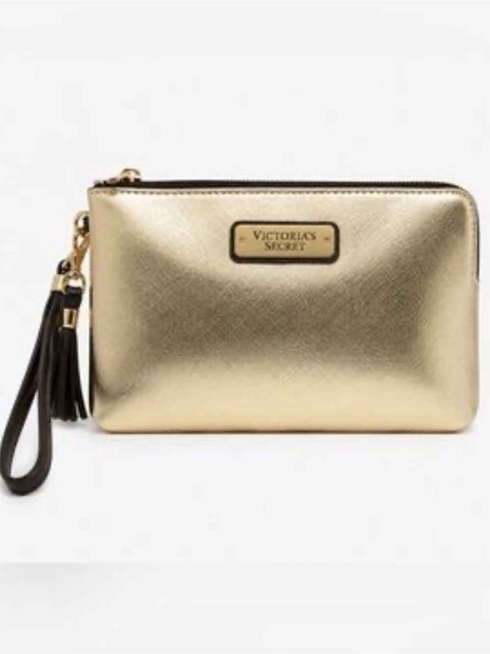 NWT Victoria's Secret Metallic Gold Wristlet Zipper Pouch Tassel Logo 8” X 5”